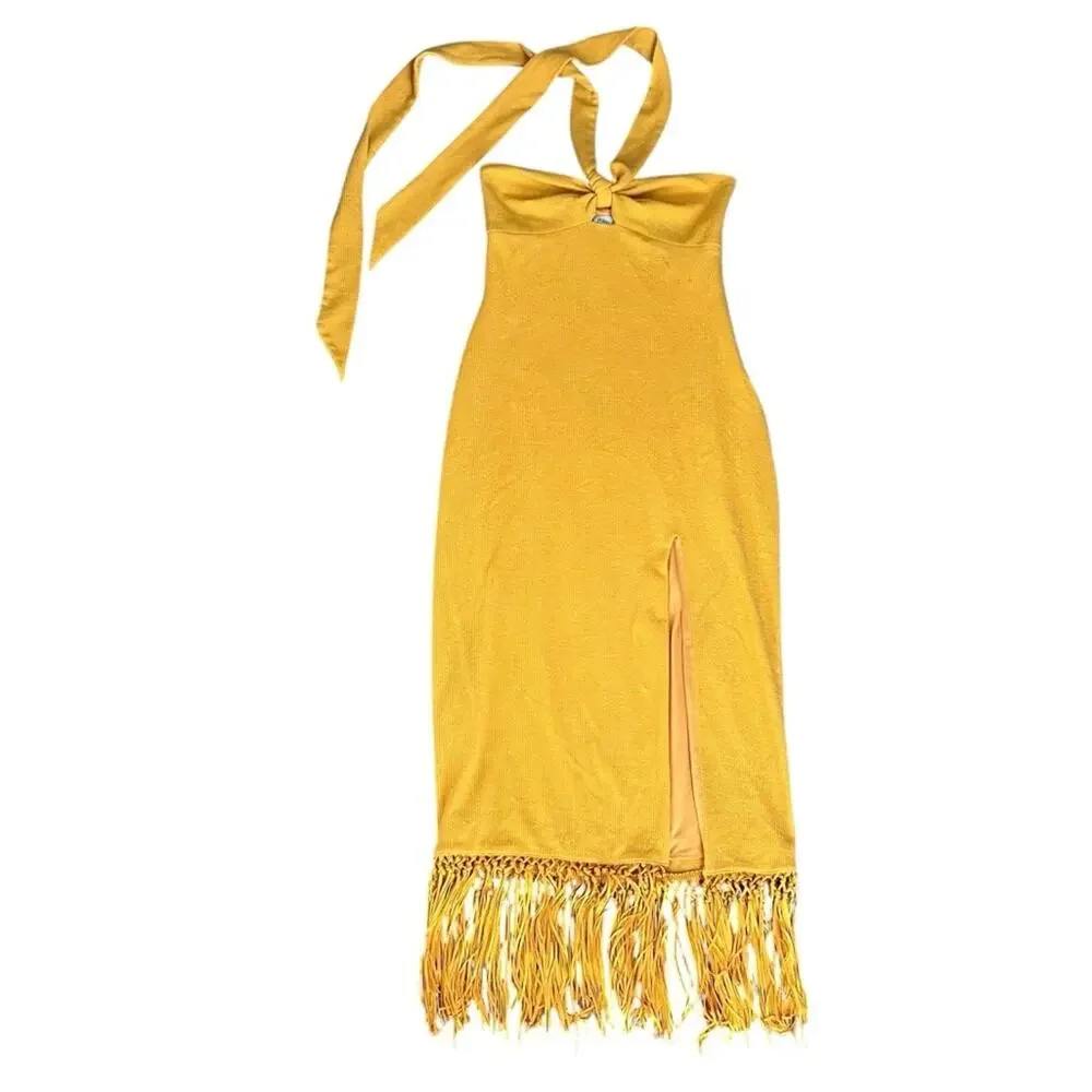 Saylor Women’s Jynx Fringe Halter Neck Mango Yellow Knit Midi Dress Sz S - Picture 2 of 13